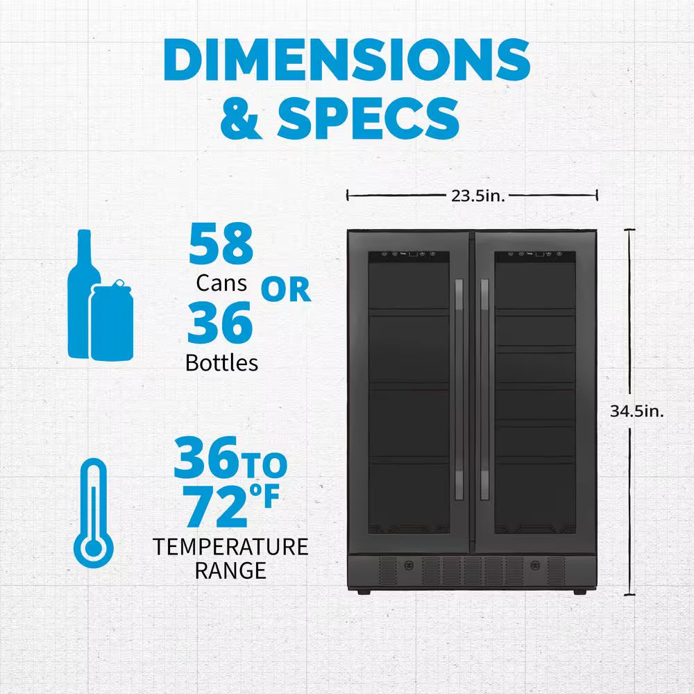 24 In.18 Bottles 60 Cans Built-In Dual Zone Beverage and Wine Cooler in Black Stainless Steel with French Doors and Lock